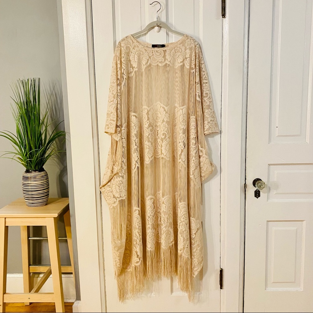 Pera Cream Lace & Fringe Kaftan Cover Up - One Size